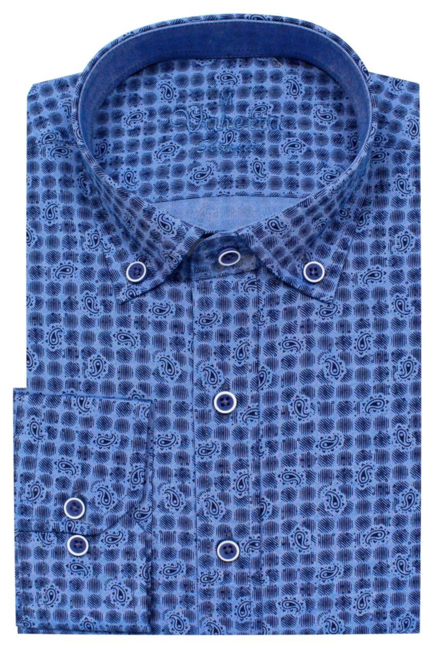 Erkek Slim Fit Mavi Desenli Koldan Katlamalı Erkek Gömlek