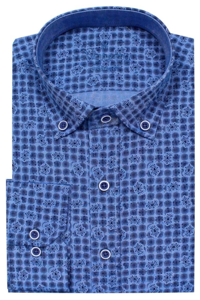 Erkek Slim Fit Mavi Desenli Koldan Katlamalı Erkek Gömlek