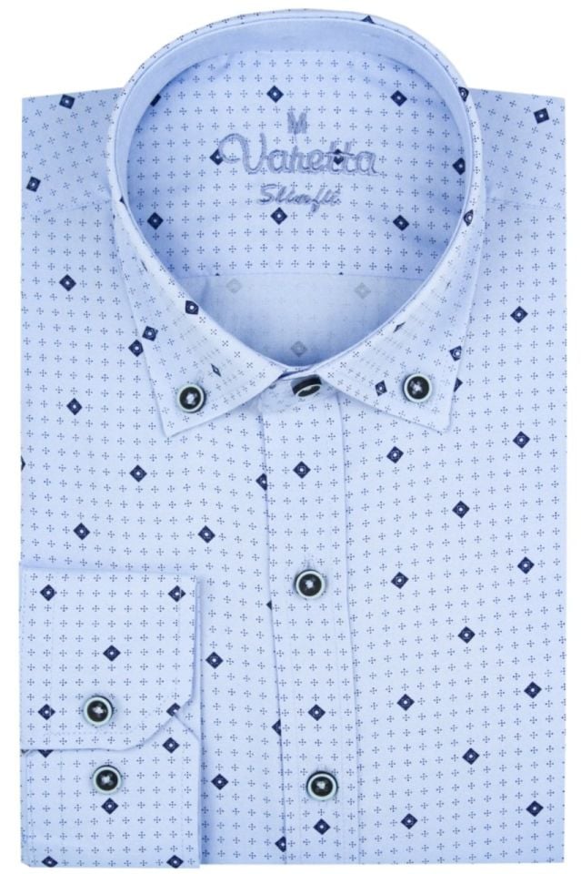 Erkek Slim Fit Mavi Desenli Koldan Katlamalı Erkek Gömlek