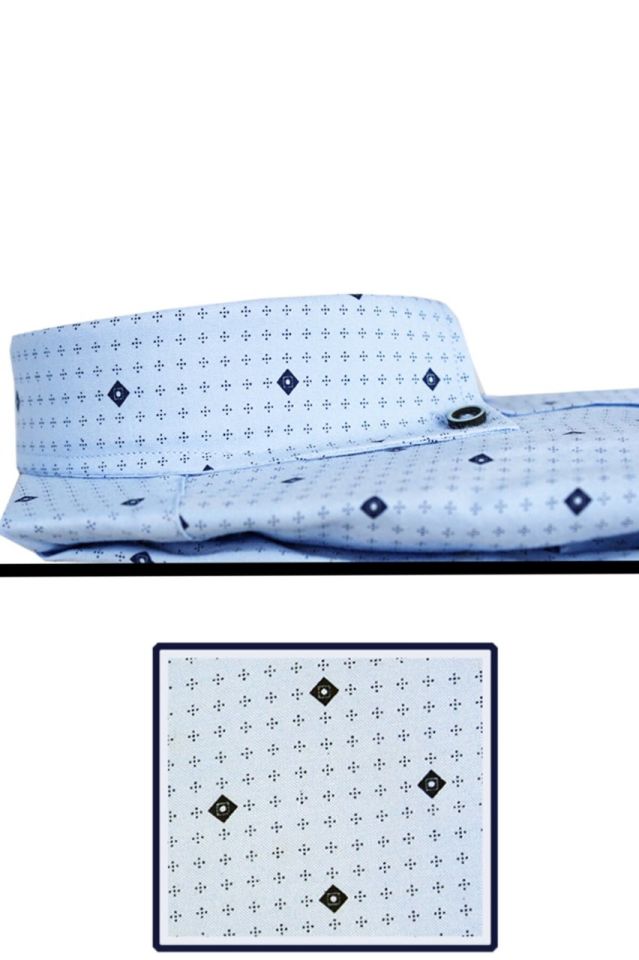 Erkek Slim Fit Mavi Desenli Koldan Katlamalı Erkek Gömlek