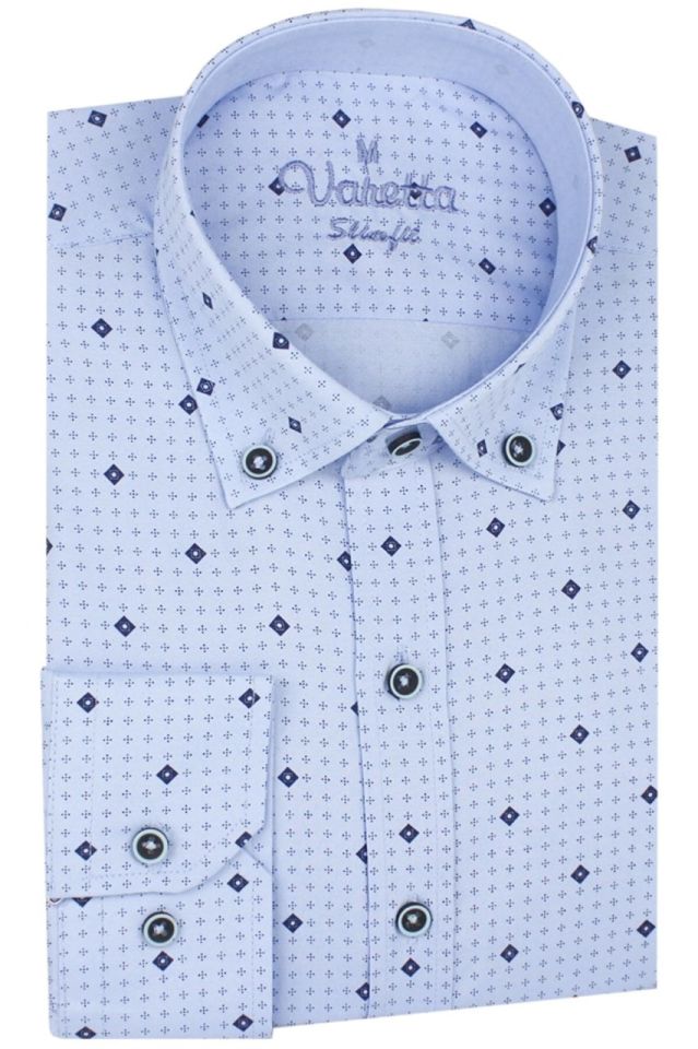 Erkek Slim Fit Mavi Desenli Koldan Katlamalı Erkek Gömlek