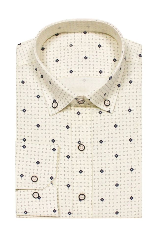 Erkek Slim Fit Bej Desenli Koldan Katlamalı Erkek Gömlek