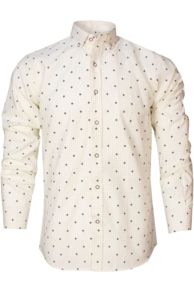 Erkek Slim Fit Bej Desenli Koldan Katlamalı Erkek Gömlek