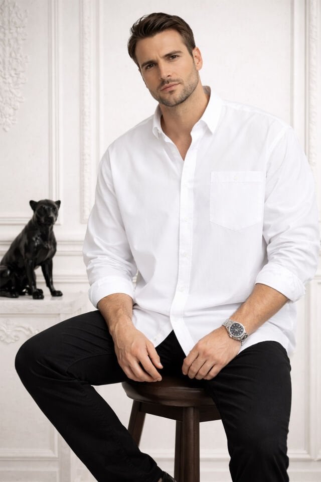 Varetta Erkek Beyaz Büyük Beden Gömlek Cepli Uzun Kollu