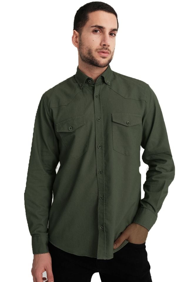 Varetta Erkek Haki Yeşil Lewis Model Gabardin Çift Cepli Kot Gömlek
