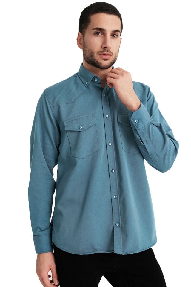 Varetta Erkek Turkuaz Lewis Model Gabardin Çift Cepli Kot Gömlek
