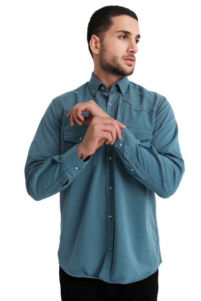 Varetta Erkek Turkuaz Lewis Model Gabardin Çift Cepli Kot Gömlek