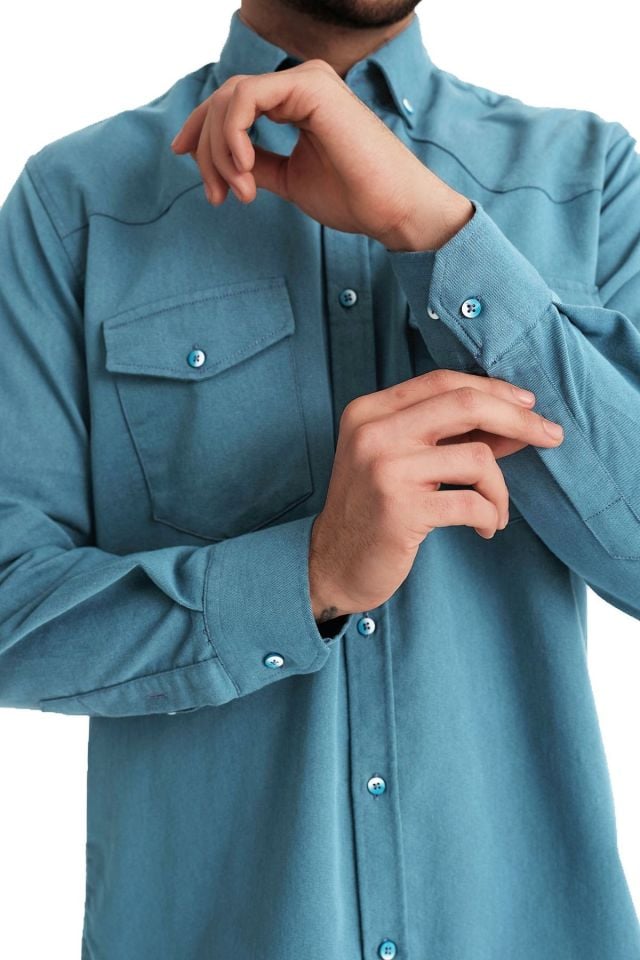 Varetta Erkek Turkuaz Lewis Model Gabardin Çift Cepli Kot Gömlek