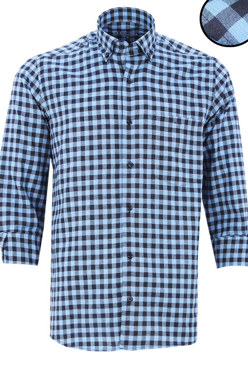 Erkek Mavi Uzun Kol Ekose Kareli Klasik kesim Yaka Düğmeli Cepli Gömlek