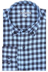 Erkek Mavi Uzun Kol Ekose Kareli Klasik kesim Yaka Düğmeli Cepli Gömlek