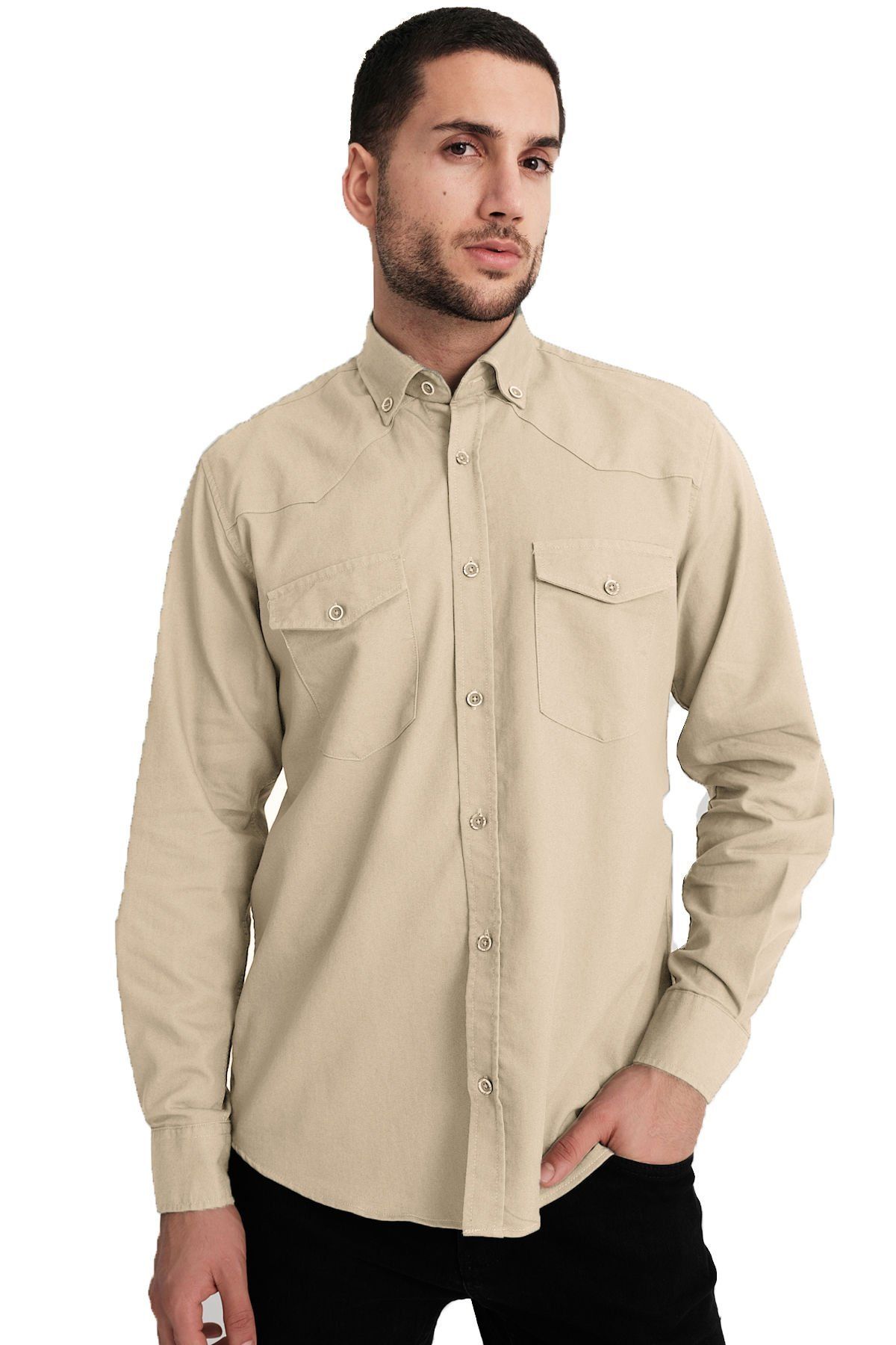 Varetta Erkek Camel Rengi Lewis Model Gabardin Çift Cepli Kot Gömlek