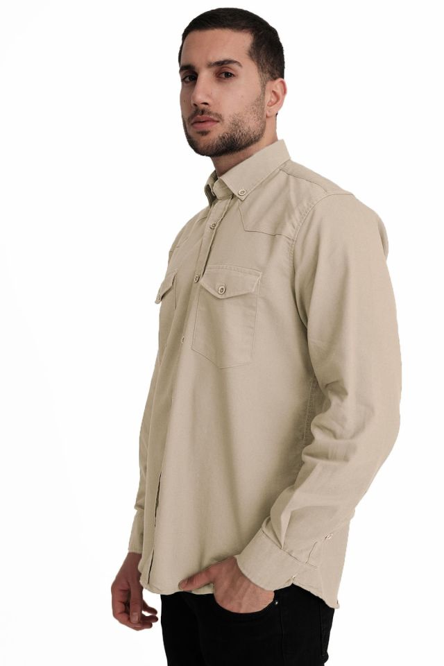 Varetta Erkek Camel Rengi Lewis Model Gabardin Çift Cepli Kot Gömlek