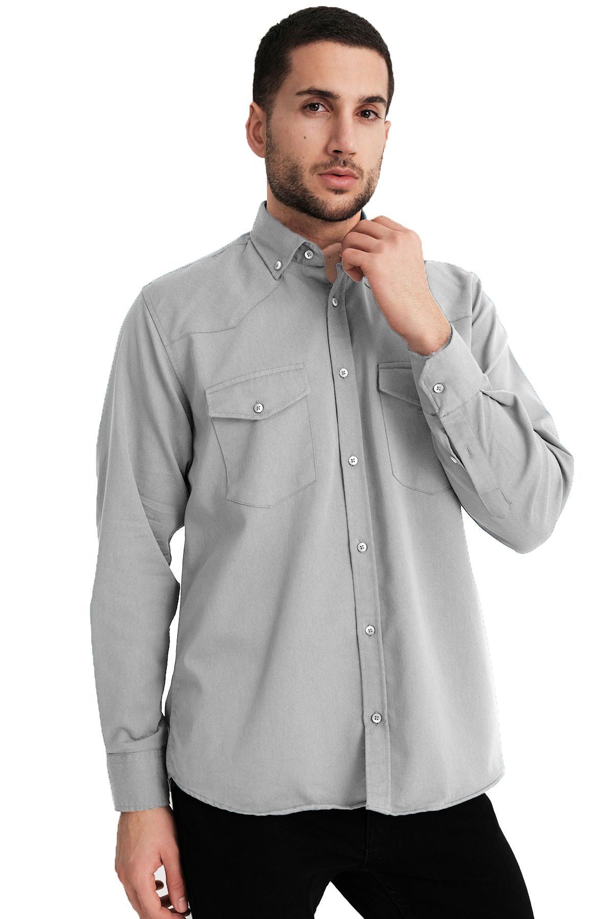 Varetta Erkek Gri Lewis Model Gabardin Çift Cepli Kot Gömlek