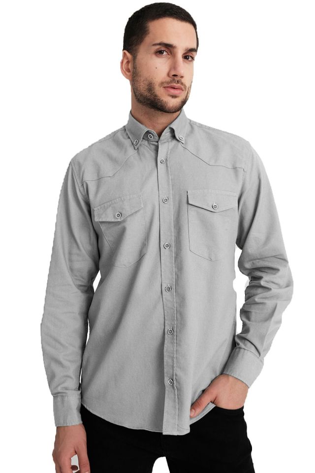 Varetta Erkek Gri Lewis Model Gabardin Çift Cepli Kot Gömlek