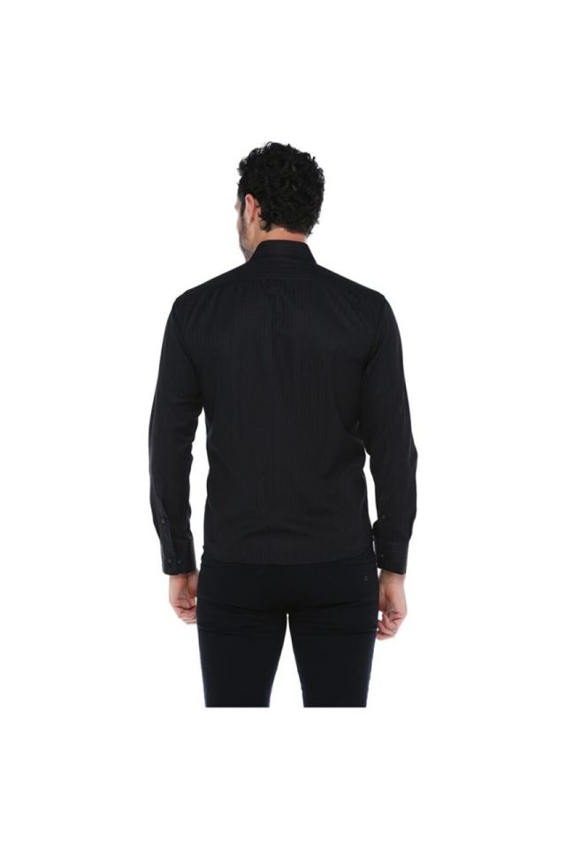 Varetta Erkek Siyah Kendinden Çizgili Slim Fit  Uzun Kol Gömlek