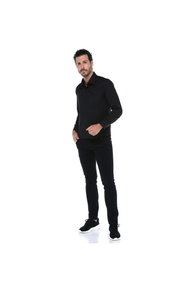 Varetta Erkek Siyah Kendinden Çizgili Slim Fit  Uzun Kol Gömlek