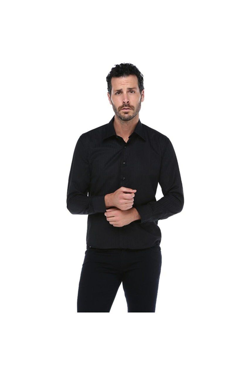 Varetta Erkek Siyah Kendinden Çizgili Slim Fit  Uzun Kol Gömlek