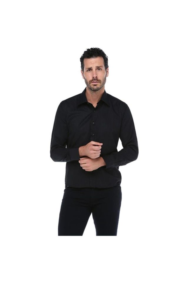 Varetta Erkek Siyah Kendinden Çizgili Slim Fit  Uzun Kol Gömlek