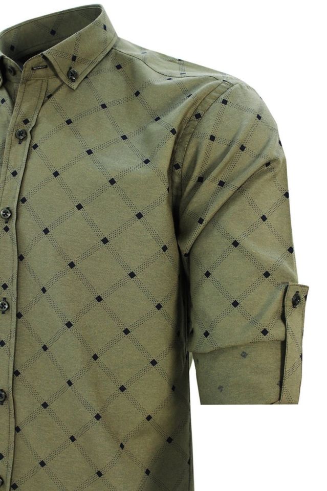 Erkek Slim Fit Yeşil Desenli  Erkek Gömlek