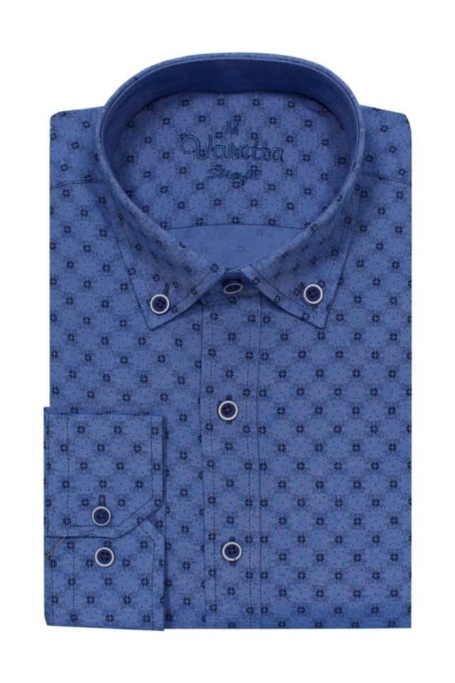 Varetta Erkek Slim Fit Koyu Mavi Desenli Erkek Gömlek