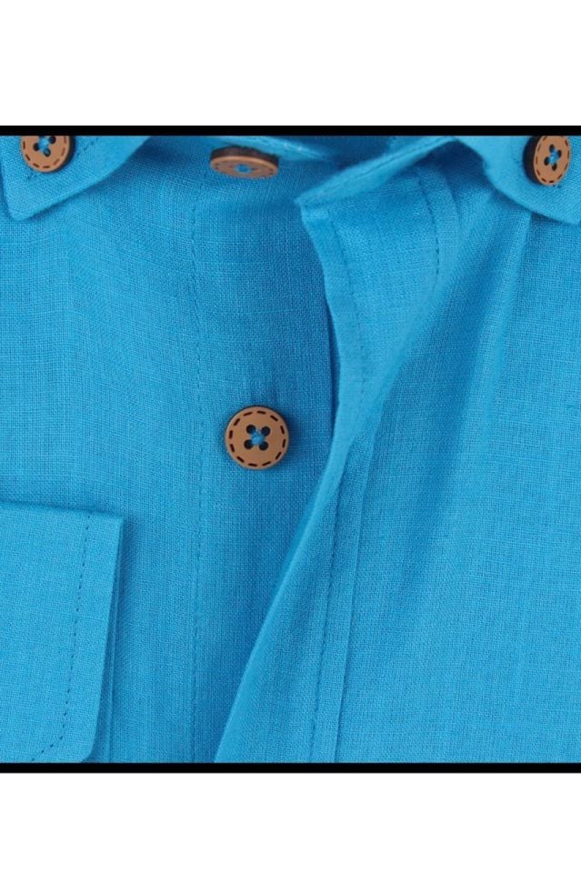 Varetta Erkek Turkuaz Keten Slim Fit Uzun Kol Gömlek