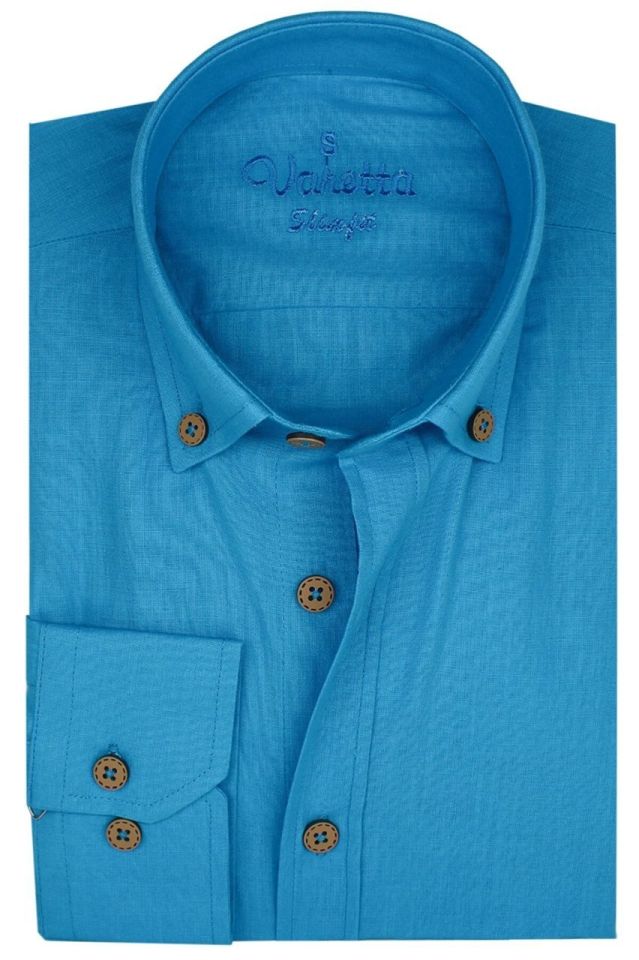Varetta Erkek Turkuaz Keten Slim Fit Uzun Kol Gömlek