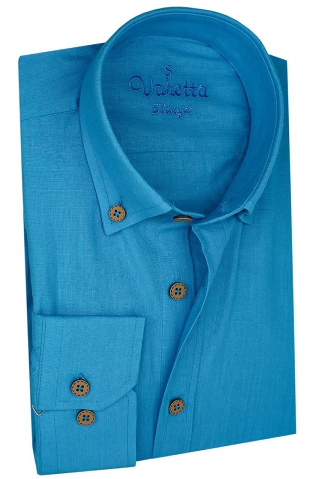 Varetta Erkek Turkuaz Keten Slim Fit Uzun Kol Gömlek