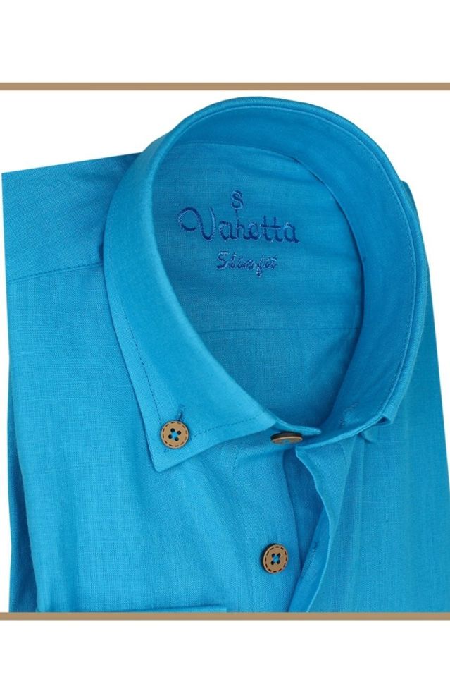 Varetta Erkek Turkuaz Keten Slim Fit Uzun Kol Gömlek