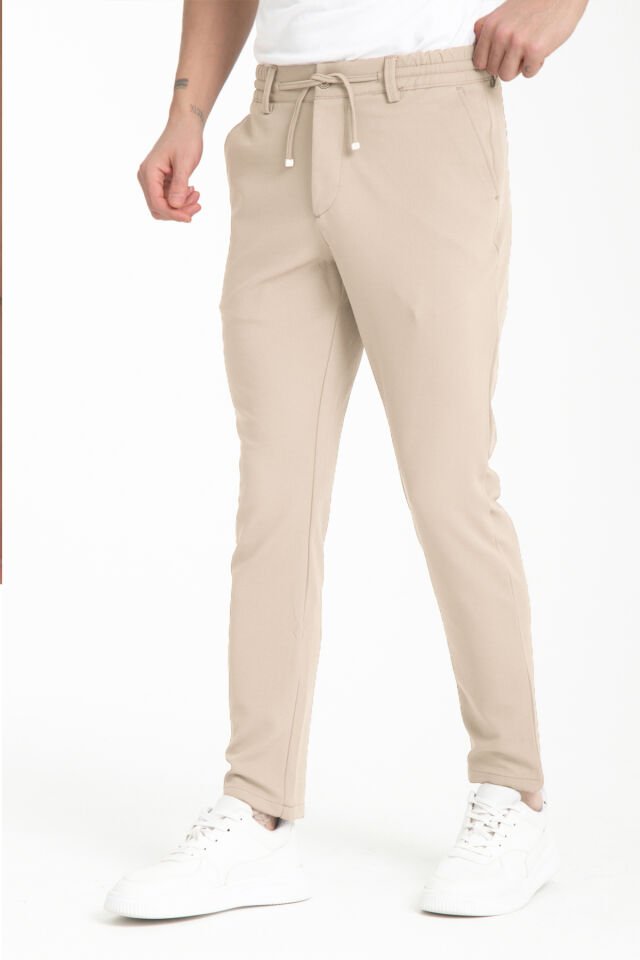 Varetta Erkek Şampanya Rengi Beli Lastikli Cepli Likralı Regular Jogger Pantolon