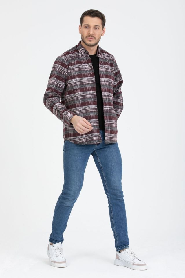 Varetta Erkek Bordo Kareli Yaka Düğmeli Kışlık Gömlek