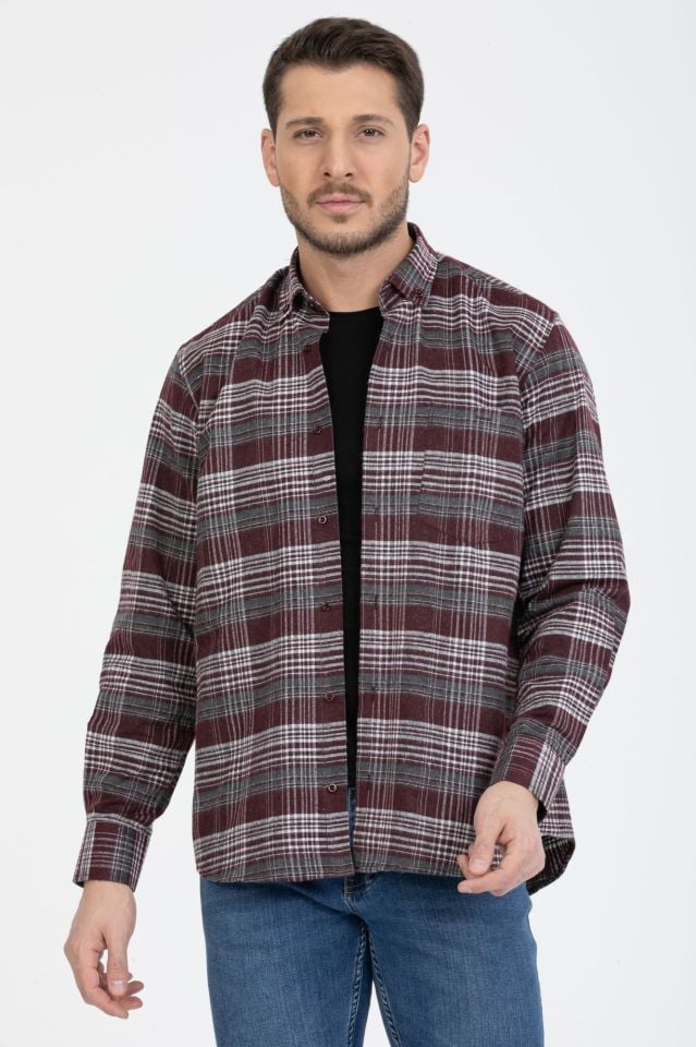 Varetta Erkek Bordo Kareli Yaka Düğmeli Kışlık Gömlek
