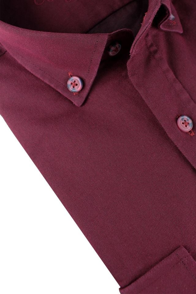 Varetta Erkek Bordo Likralı Çift Cepli Düz Klasik Kesim Uzun Kollu Kot Gömlek