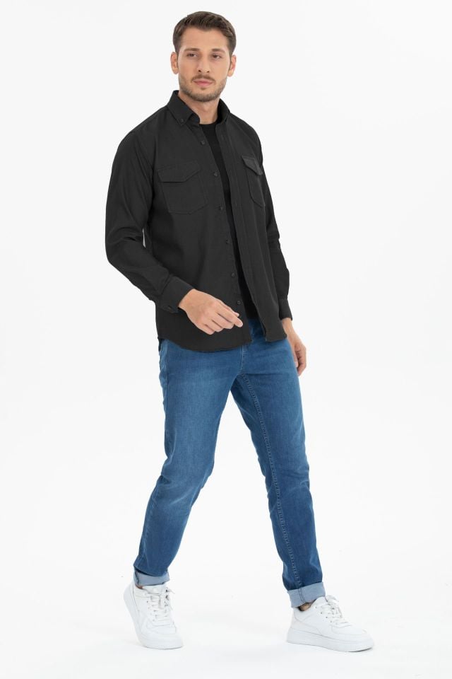 Varetta Erkek Füme Klasik Kesim Likralı Denim Gömlek – Çift Cepli Uzun Kollu Günlük Kot Gömlek