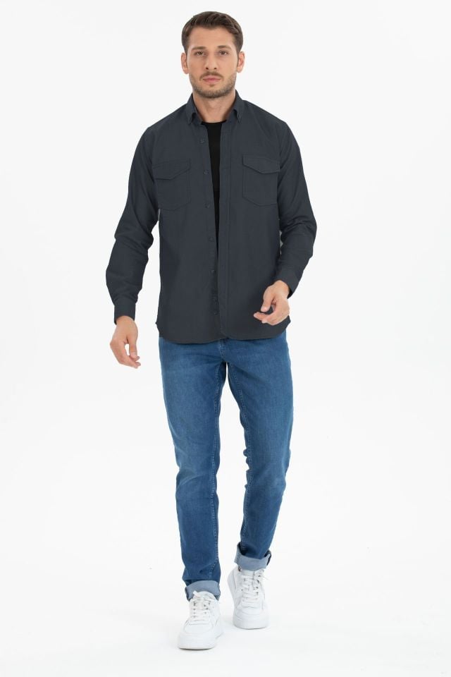 Varetta Erkek Füme Klasik Kesim Likralı Denim Gömlek – Çift Cepli Uzun Kollu Günlük Kot Gömlek