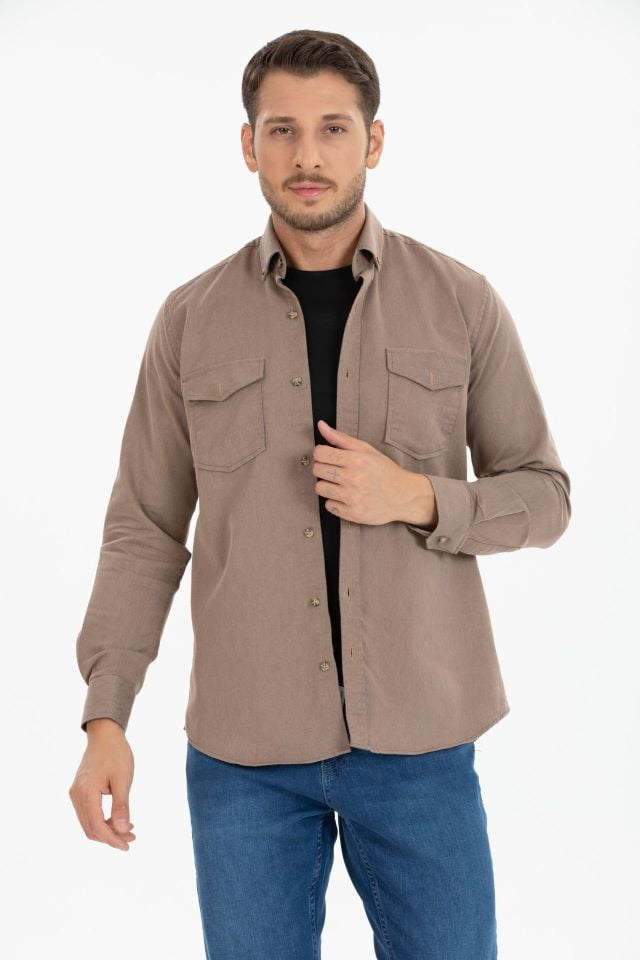 Varetta Erkek Kahverengi Klasik Kesim Likralı Denim Gömlek – Çift Cepli Uzun Kollu Günlük Kot Gömlek