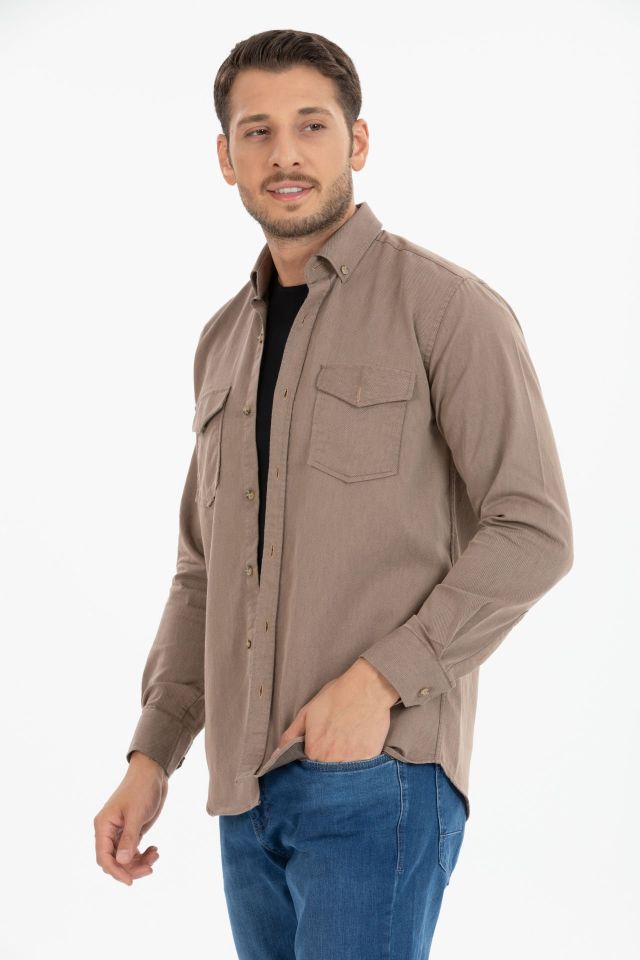 Varetta Erkek Kahverengi Klasik Kesim Likralı Denim Gömlek – Çift Cepli Uzun Kollu Günlük Kot Gömlek