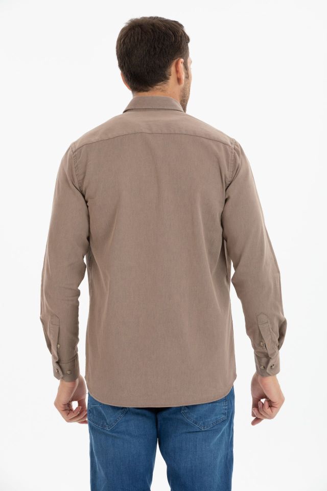 Varetta Erkek Kahverengi Klasik Kesim Likralı Denim Gömlek – Çift Cepli Uzun Kollu Günlük Kot Gömlek