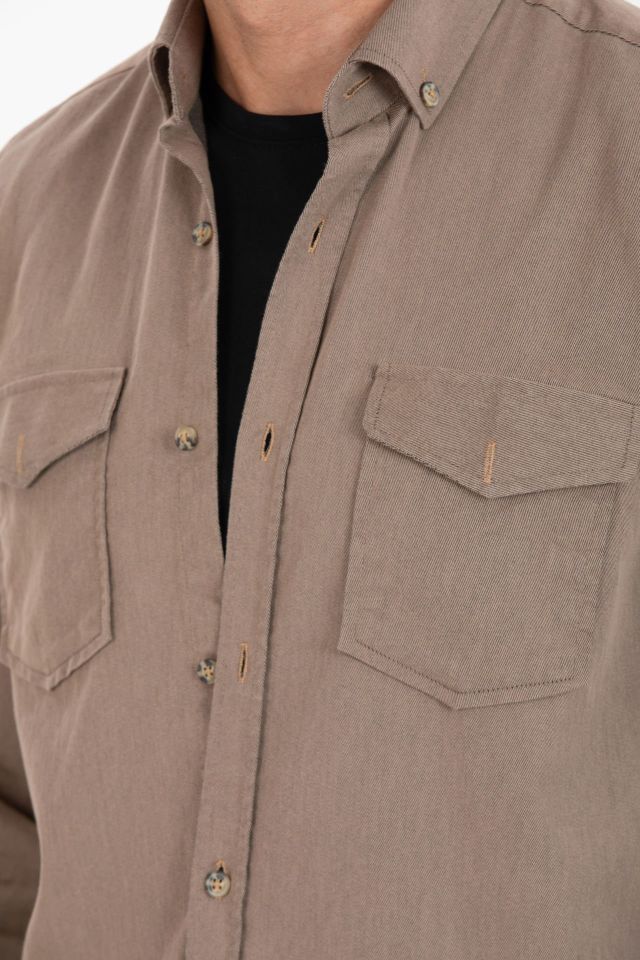 Varetta Erkek Kahverengi Klasik Kesim Likralı Denim Gömlek – Çift Cepli Uzun Kollu Günlük Kot Gömlek