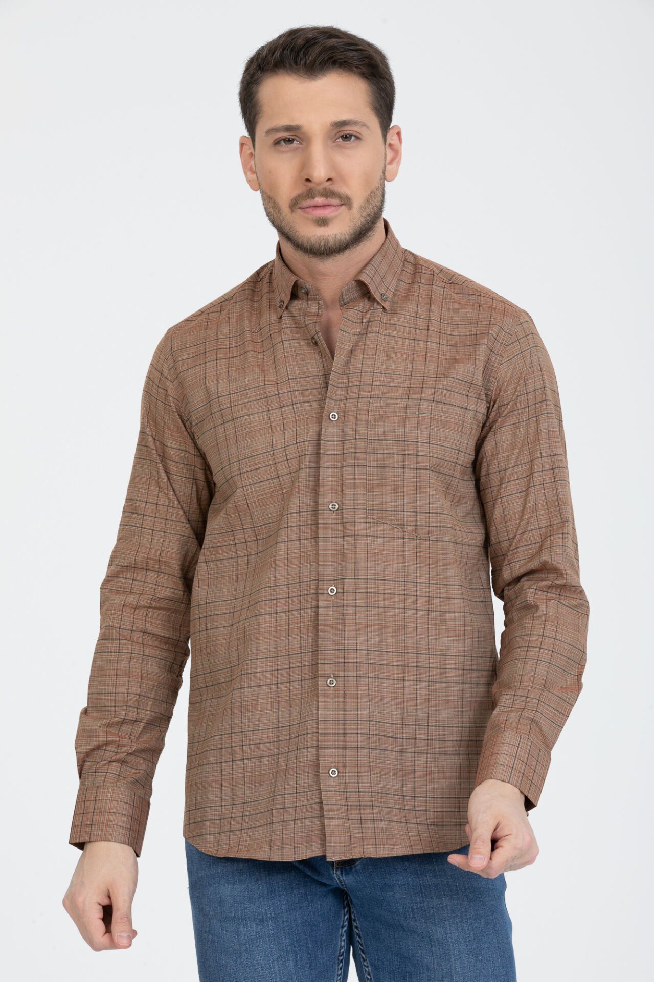 Varetta Erkek Kahverengi Kareli Yaka Düğmeli  Gömlek