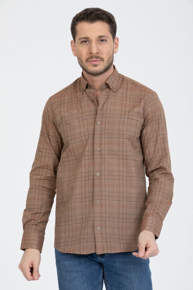 Varetta Erkek Kahverengi Kareli Yaka Düğmeli  Gömlek