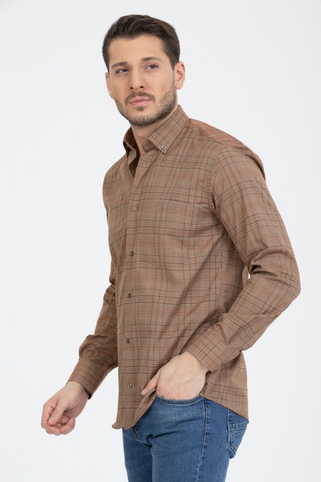 Varetta Erkek Kahverengi Kareli Yaka Düğmeli  Gömlek