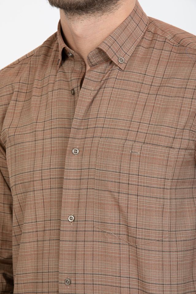 Varetta Erkek Kahverengi Kareli Yaka Düğmeli  Gömlek