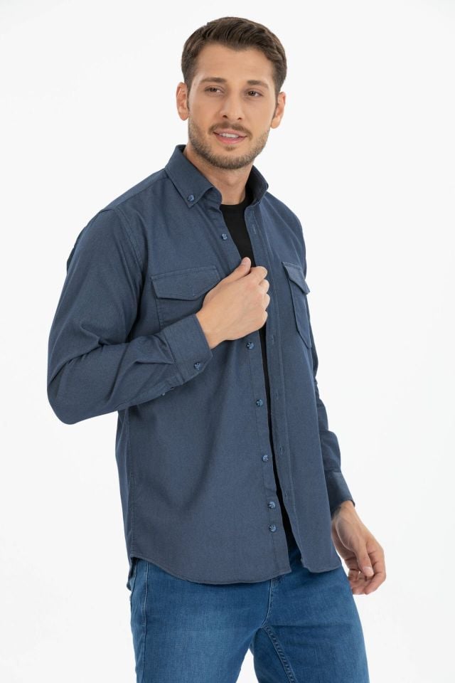 Varetta Erkek Kot Mavi Likralı Çift Cepli Düz Klasik Kesim Uzun Kollu Denim Kot Gömlek - Trend Casual Gömlek