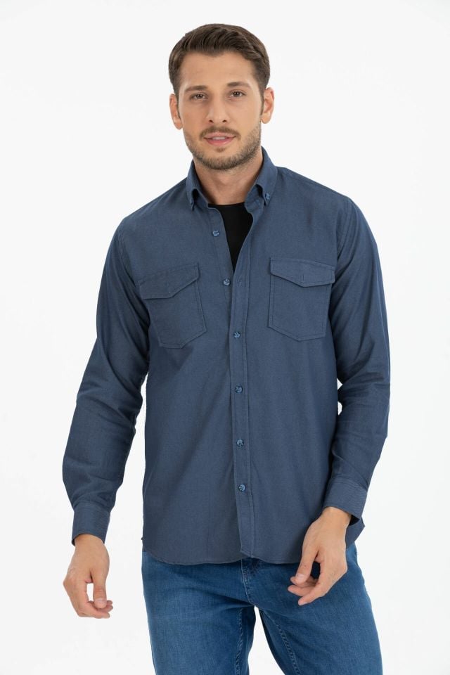 Varetta Erkek Kot Mavi Likralı Çift Cepli Düz Klasik Kesim Uzun Kollu Denim Kot Gömlek - Trend Casual Gömlek