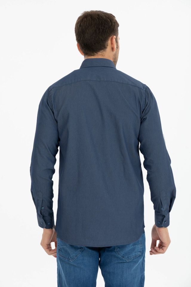 Varetta Erkek Kot Mavi Likralı Çift Cepli Düz Klasik Kesim Uzun Kollu Denim Kot Gömlek - Trend Casual Gömlek
