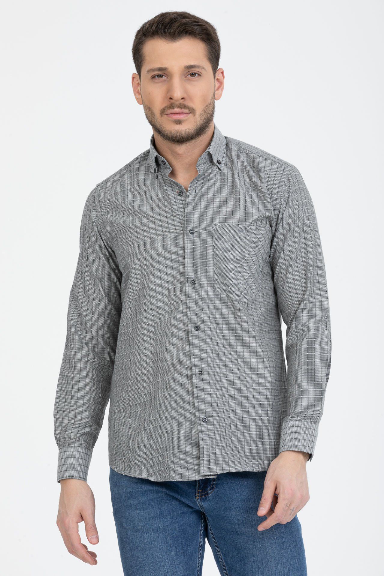 Varetta Erkek Gri Kareli Yaka Düğmeli Gömlek