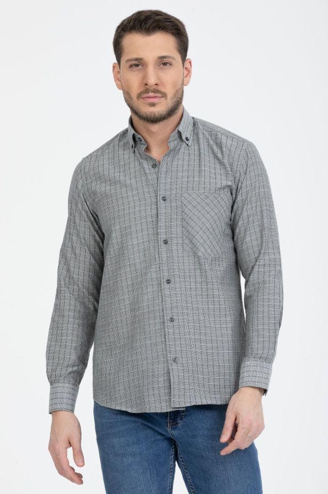 Varetta Erkek Gri Kareli Yaka Düğmeli Gömlek