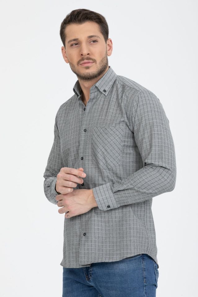 Varetta Erkek Gri Kareli Yaka Düğmeli Gömlek