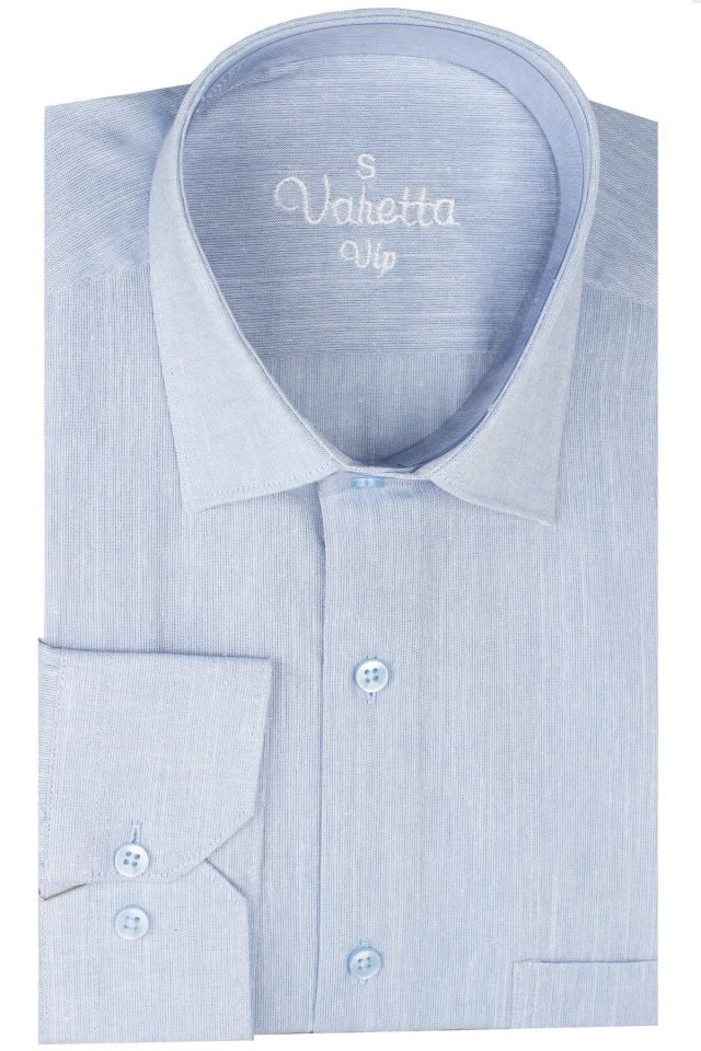 Varetta Erkek Mavi Uzun Kollu Keten Efektli Cepli Pamuklu Gömlek