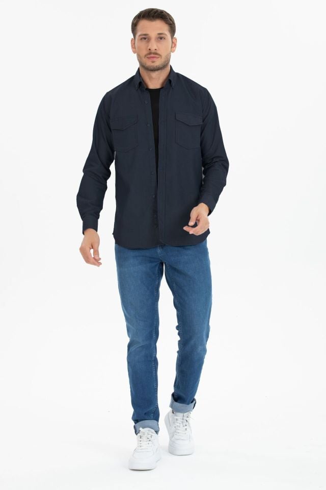 Varetta Erkek Lacivert Klasik Kesim Likralı Denim Gömlek – Çift Cepli Uzun Kollu Günlük Kot Gömlek